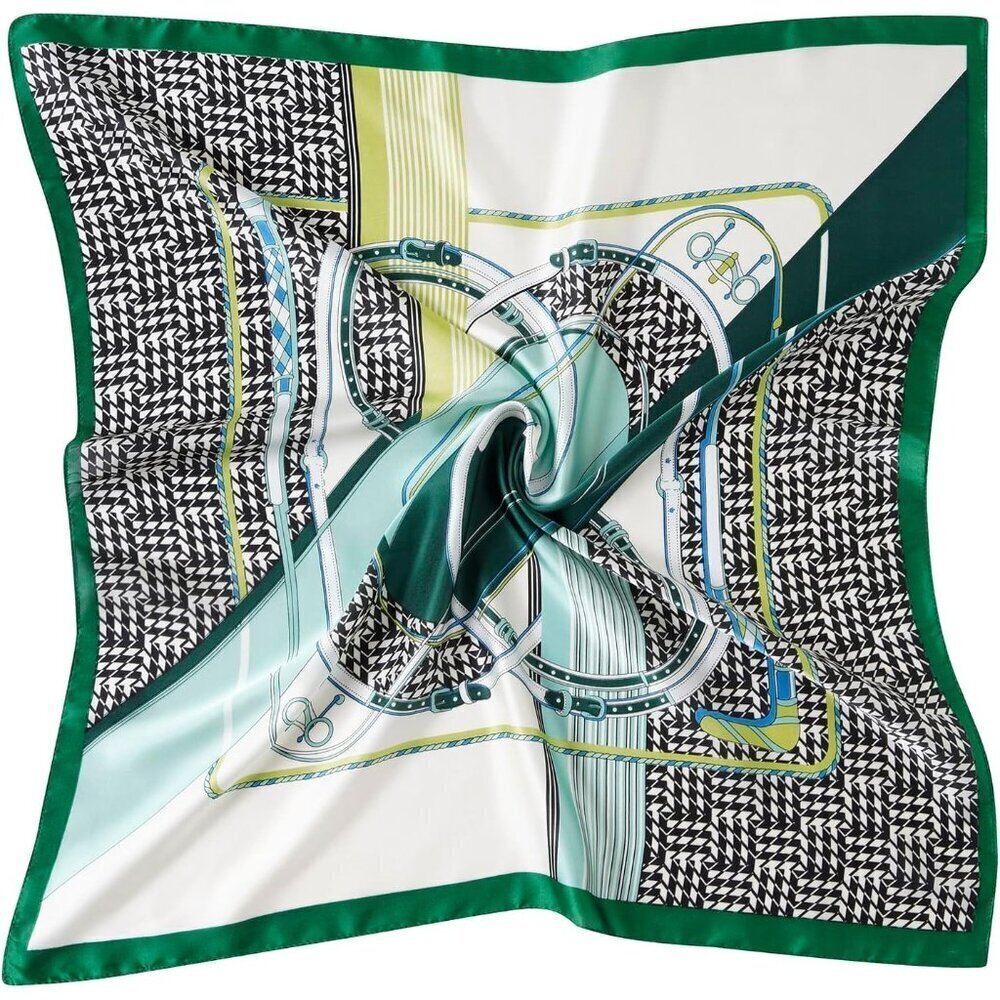 Women Green Stripe Headscarf Satin Bandana Pattern Polyester Breathable Scarves